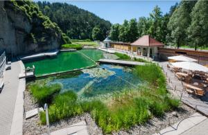 une piscine d'eau verte avec un bâtiment et des arbres dans l'établissement Goldener Anker Pottenstein Urlaub für die ganze Familie, à Pottenstein