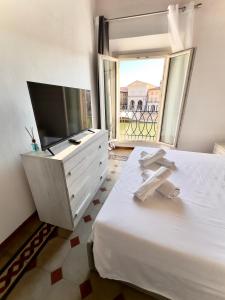 - une chambre avec un lit, une télévision et une fenêtre dans l'établissement Lungarno Suite, à Pise