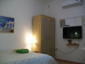 a bedroom with a bed and a flat screen tv at Acropolis studio with breathtaking city view in Athens