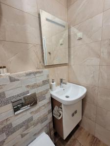 ein Badezimmer mit einem Waschbecken, einem WC und einem Spiegel in der Unterkunft The House - Central Boutique Apartments in Kjustendil