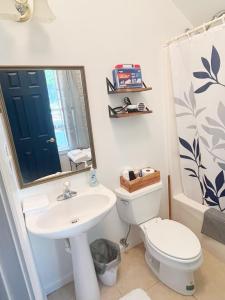 卡溫頓的住宿－Elegant Guest Studio in Upscale Community，一间带水槽、卫生间和镜子的浴室