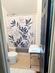 a bathroom with a toilet and a shower curtain at Elegant Guest Studio in Upscale Community in Covington +16 photos