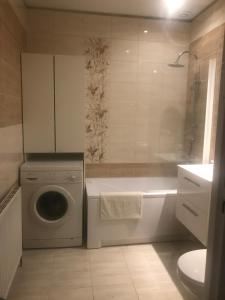 a bathroom with a washing machine and a washer at Pokoje gościnne na Miłej in Kochlice