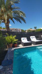 una piscina con due sedie a sdraio e una palma di Casa Eline de Lujo Casco Antiguo Altea piscina privada y jardin ad Altea