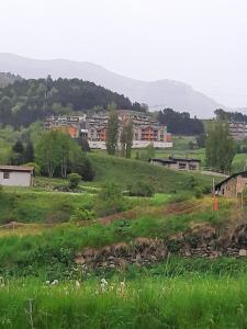 una ciudad en una colina con césped verde y edificios en Flor de Muntanya, en Canillo