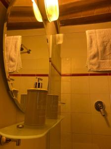 une salle de bains avec un miroir et un distributeur de savon sur une étagère dans l'établissement Ai Muri Dipinti, à Pérouse
