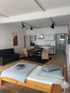 sala de estar con cama y cocina en 40 qm große Studiowohnung zentral gelegen in Groß-Umstadt, en Gross-Umstadt