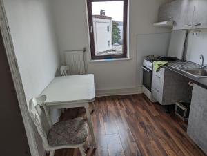 a small kitchen with a table and a sink at Gästehaus Gröpelingen in Bremen