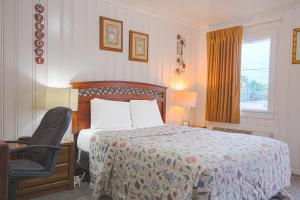 a bedroom with a bed and a chair and a window at Sunflower Motel Hiawatha By OYO in Hiawatha