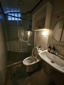 a bathroom with a shower and a toilet and a sink at Mirador Modern House - Walking distance to Lourdes Grotto in Baguio