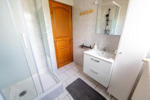 uma casa de banho com um lavatório, um chuveiro e um espelho. em KASA 37 - Centre ville - Tout équipé - 2 TV em Valenciennes