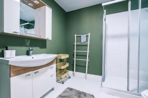 ein Badezimmer mit grünen Wänden, einem Waschbecken und einer Dusche in der Unterkunft Chic in Istanbul