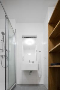 a white bathroom with a sink and a shower at Best Place in Prague in Prague