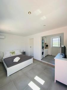 a large white bedroom with a bed and a kitchen at Olive tree cottage in Elia Laconias