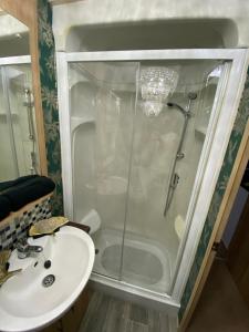 een badkamer met een douche en een wastafel bij Sandylands Holiday Home in Stevenston