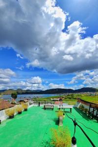 a green roof with a view of the water at Depik Inn in Takengon