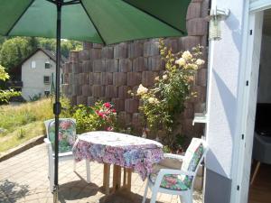 a table and chairs with an umbrella on a patio at Am Reichelbach schöne Natur kostenlose Stellplätze in Neuwied