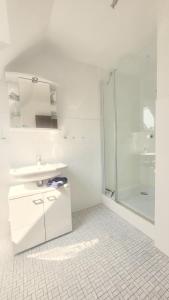 ein weißes Bad mit einem Waschbecken und einer Dusche in der Unterkunft Ferienwohnung am See, Hage / Norddeich in Hage