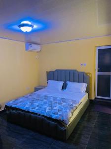 a bed in a room with a blue ceiling at Jennabwa Lodge and Restaurant in Freetown +100 photos