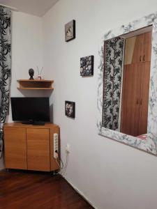 a room with a television and a mirror on a wall at Casa Eni in Cluj-Napoca