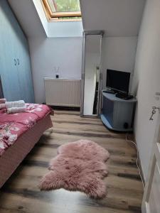 a bedroom with a pink rug on the floor at Casa Eni in Cluj-Napoca