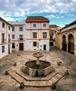 un patio con una fuente frente a un edificio en Pensión Los Arcos en Córdoba