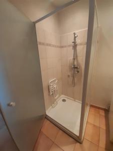W łazience znajduje się prysznic ze szklanymi drzwiami. w obiekcie Apt en Luberon avec garage privé w Apt