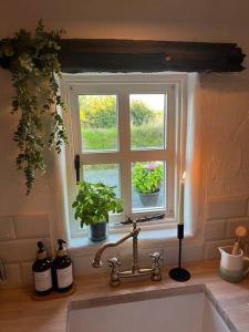 un fregadero con una ventana con 2 macetas en The Nest Quaint Luxury Cottage Getaway, en Tiragarvan