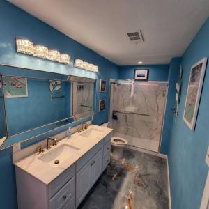 uma casa de banho com um lavatório, um chuveiro e um WC. em 18Th Street - Galveston Seawall Close to Attractions! Remodeled! em Galveston