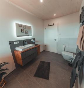 un baño con lavabo e inodoro en Ferienwohnung Steinablick mit großem Balkon & Garage, en Ühlingen-Birkendorf