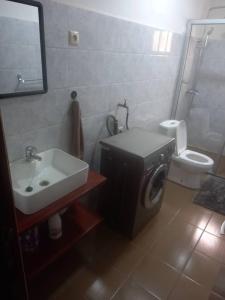 y baño con lavabo y lavadora. en Appartement chic au quartier Omnisport en Yaundé