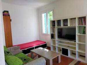 een woonkamer met een bank en een tv bij Villa de vacances en Provence in Vins-sur-Caramy