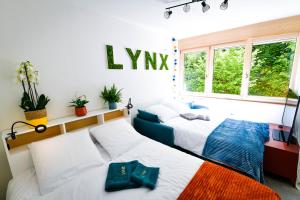 two beds in a room with two windows at Lynx in Pontarlier