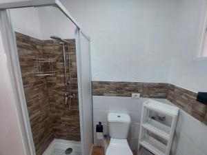 a bathroom with a shower and a white toilet at Casa Lito B in Haría