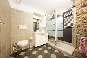 Appartamento La Città Vecchia في جينوا: حمام مع مرحاض ومغسلة ودش