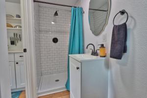 a bathroom with a shower and a sink at The Driftwoods - Orange Tiny House in Driftwood