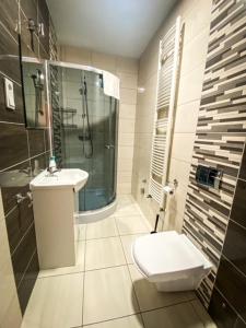 a bathroom with a toilet and a sink and a shower at Pokoje gościnne Anna in Milicz