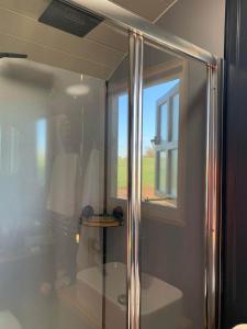 a bathroom with a shower and a toilet and a window at Church House Hut in Melton Mowbray