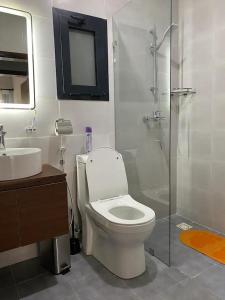 ein Bad mit einem WC, einem Waschbecken und einer Dusche in der Unterkunft Aquaview Amina's rental apartment in Bijilo