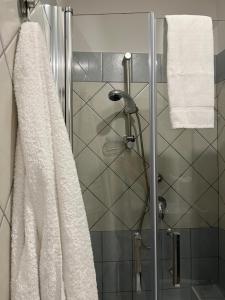 a shower with a glass door and a towel at B&B NoveUnoNoveQuattro in Apollosa