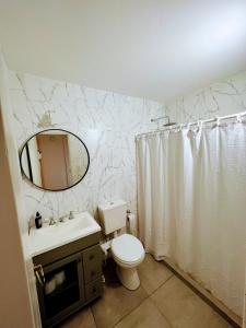 bagno con servizi igienici, lavandino e specchio di Departamento Catedral a Santa Rosa