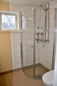 a shower with a glass door in a bathroom at Nedre Stensgården in Røros