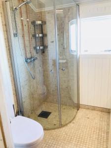 uma casa de banho com um chuveiro e um WC. em Nedre Stensgården em Røros