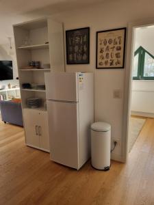 a kitchen with a refrigerator and a trash can at Rurstübchen in Simmerath