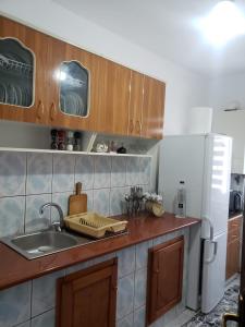 a kitchen with a sink and a refrigerator at Apartament 2 Camere in Roman
