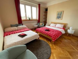 Postel nebo postele na pokoji v ubytování Light cozy flat large terrace near Prague castle