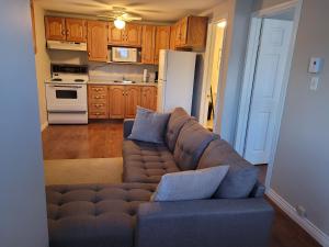 a living room with a couch and a kitchen at Full 1-bedroom apartment in St. John's