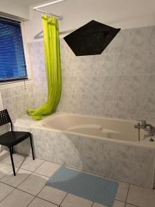 ein Badezimmer mit einer Badewanne und einem grünen Duschvorhang in der Unterkunft Kosly garden Robertsau in Straßburg