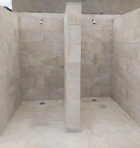 ラスパルマス・デ・グランカナリアにあるLoft Santa Catalina Parkの石壁のバスルーム(シャワー付)