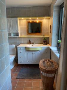 un bagno con lavandino, water e specchio di Toghale a Tønder Altre 11 foto
